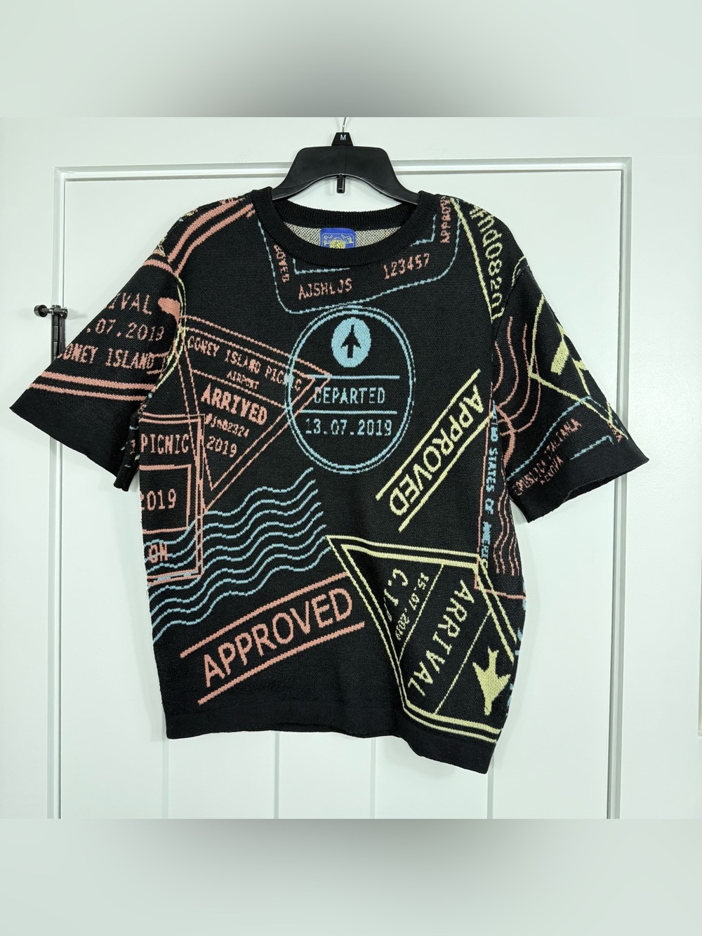 Coney Island Picnic Passport Jacquard Graphic Stamp Knit Black Shirt Mens Medium